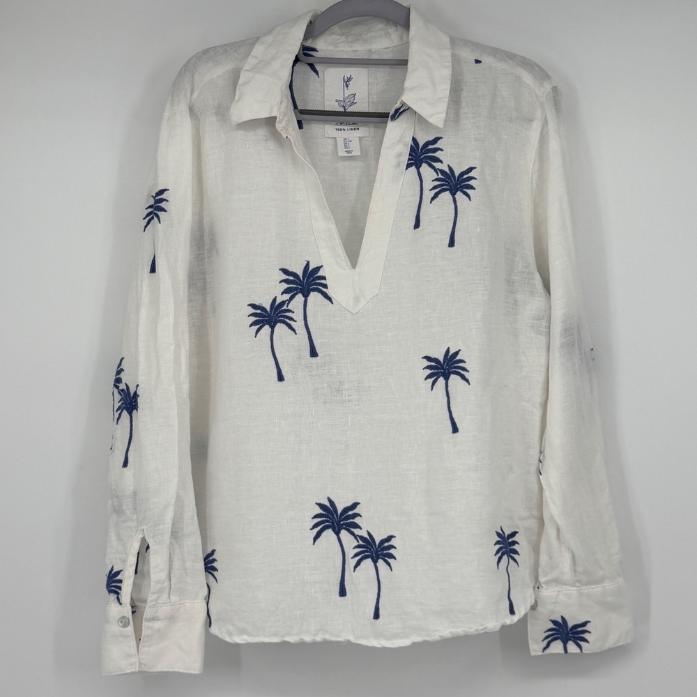 Calypso St. Barth White 100% Linen Palm Tree Embroidered V-Neck Top Large
